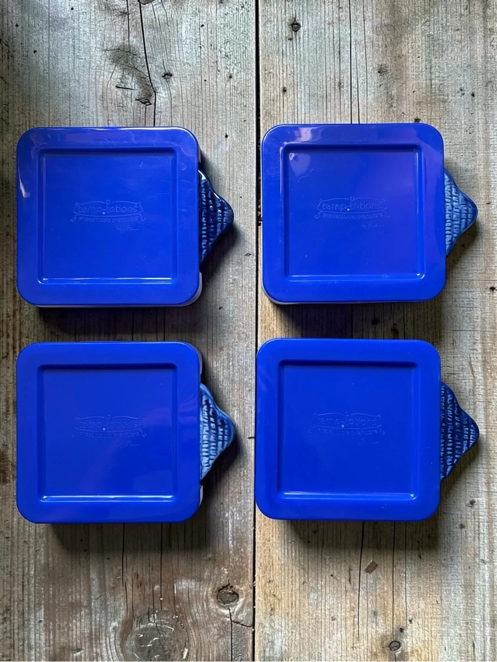 Temp-tations Old World Blue 10 oz Square Ramekin Bowls Set of 4 w/ Lids